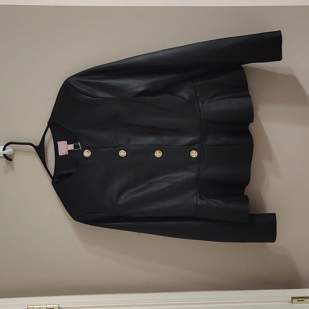 Muse Black Faux Leather Jacket with Gold Buttons